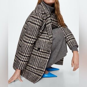 Mango Black and Cream Checkered Pea Coat
